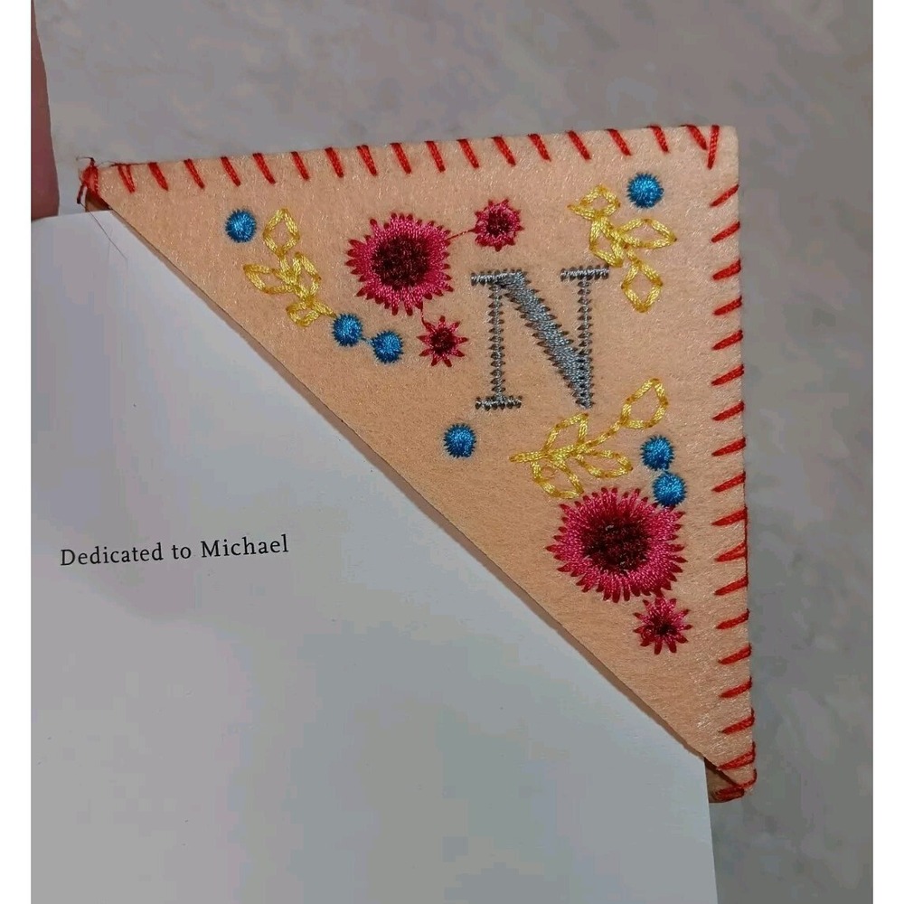 Embroidered Corner Bookmark Flower Stitched Ligh Pink Letter N Gift Book Floral